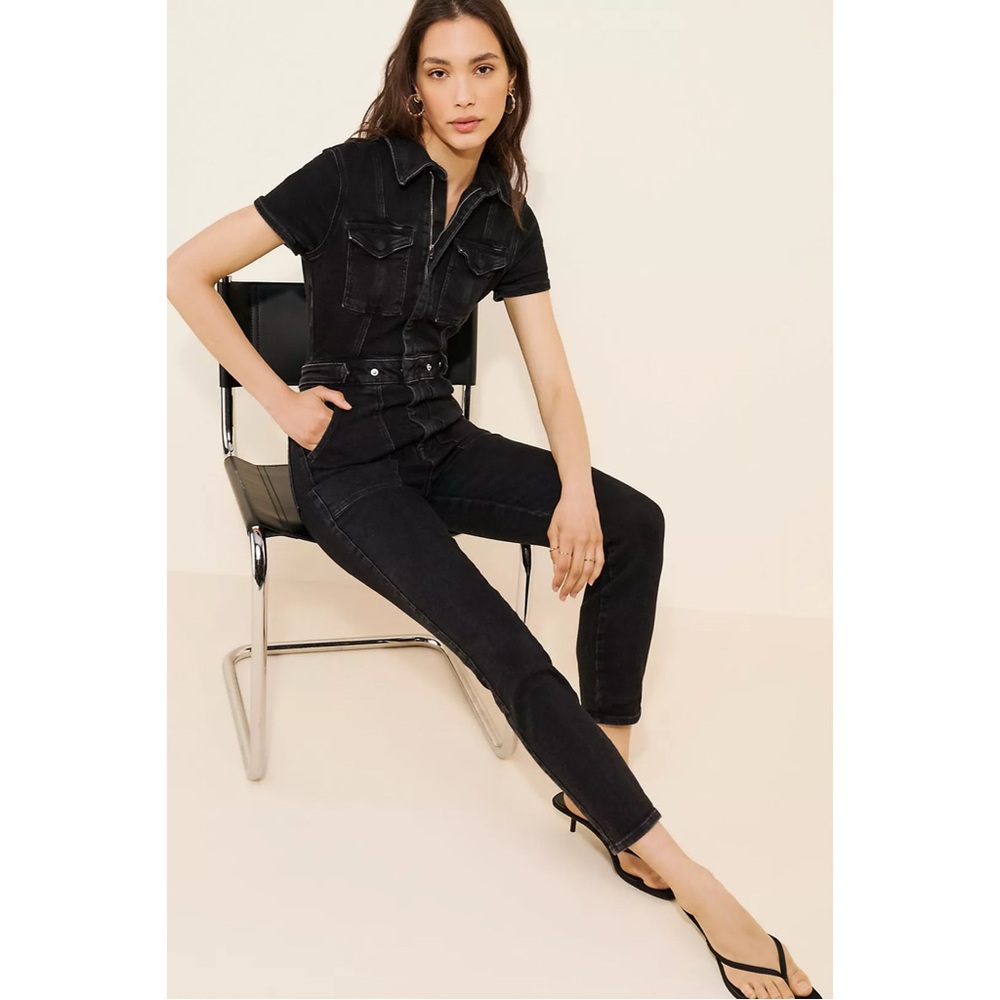 Good American Black Denim Short-Sleeve Overalls